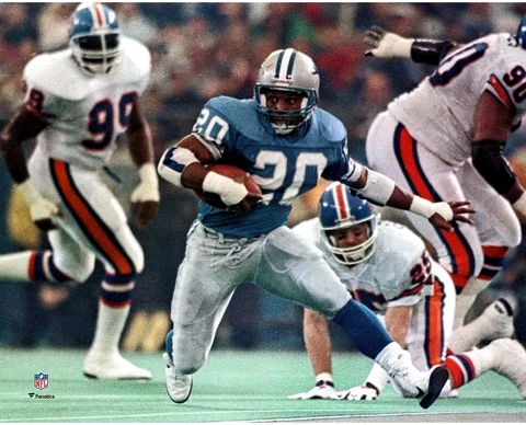 Barry Sanders Detroit Lions Unsigned Blue Jersey Running 8" x 10" Photo Cover