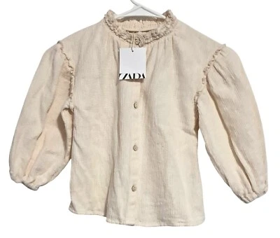 Blusa ZARA Niñas Talla 3-4 Algodón Crema Manga Abullonada Top Abotonado con Volantes Foto 1 de 4