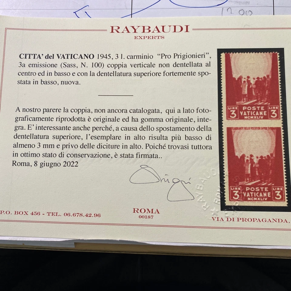 Vatican stamp variety rare mnh certificate Sassone cat value is 1100 euro + - Image 1 of 1