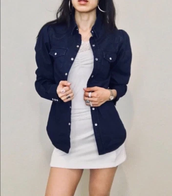 Torn by Ronny Kobo Dark Wash Denim Long Puffy Sleeve Button Down Shirt, XS S M L - Image 1 of 4