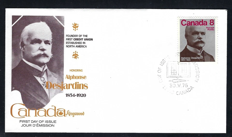 Canada 1975 FDC 8¢ Alphonse Desjardins Founder First Credit Union / Kingswood - Image 1 of 1