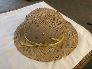 Vintage 60s Mr John Classic Gold Straw Hat w Gold Rope Trim + Beads Sz Small