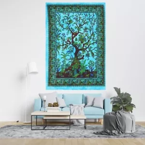 Blue TREE OF LIFE  Indian Cotton Mandala Poster Wall Hanging Tapestry Bohemian - Picture 1 of 5