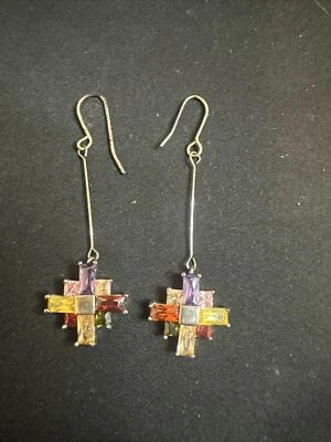 925 Серебряный радуга полудрагоценных камней проколотые серьги крест - Изображение 1 из 3