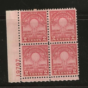 US Scott #655 mint never hinged 2c, PL# Block of 4, 1929 Edison Light og f/vf - Picture 1 of 2