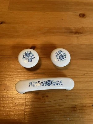 Vintage Ceramic knob Handle round drawer cabinet pulls flowers white blue 70s - Image 1 of 4