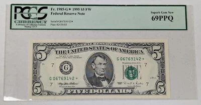 1995 $5 Federal Reserve Note Fr. 1985-G Star Note PCGS 69PPQ - Image 1 of 2