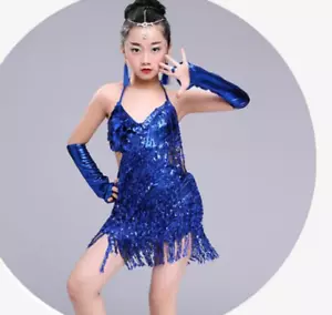 1pcs Children Sequin Latin Dress Kid Sexy Halter Tassel Latin Dress Girls - Picture 1 of 16