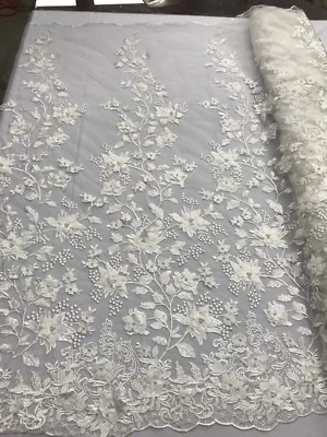 BORDADO MARFIL DISEÑO FLORAL 3D CON PERLAS EN MALLA - 1 YARDA - ENVÍO GRATIS. Foto 1 de 4