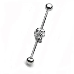 Industrial 3D Front Skull w/Clear Eyes 14 Gauge 1-1/2" 5mm Balls Steel Barbell  - Picture 1 of 4