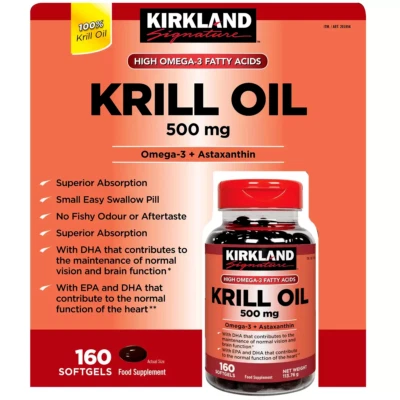 Aceite de krill Kirkland Signature 500 mg | Suplemento alimenticio suministro de 80 días 160 cápsulas blandas Foto 1 de 3