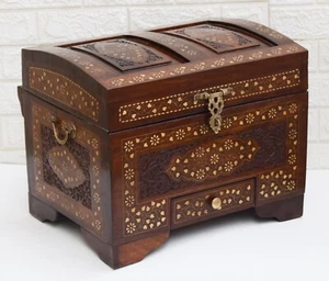 Vintage Moroccan Chest, Handmade Wooden Jewelry Box, Brass inlay Wedding Trunk - Picture 1 of 10