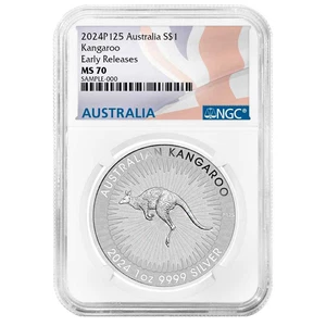 Australia 2024 $1 Silver Kangaroo NGC MS70 ER Australia Flag Label - Picture 1 of 3