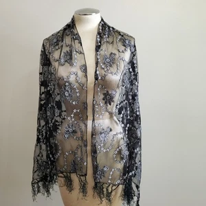 Vintage Shawl Wrap Black Sheer Silver Floral Metalic Fringe 27x58" Whimsigoth - Picture 1 of 8