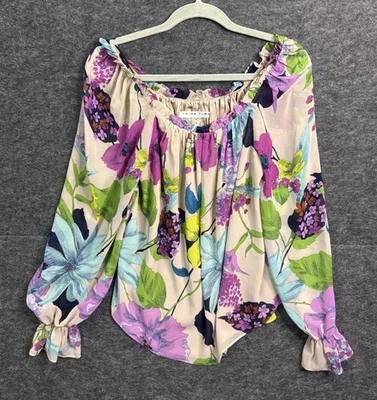 Trina Turk Colorful LA Floral Blouse Stylish Purple Blue Yellow Green S - Image 1 of 4