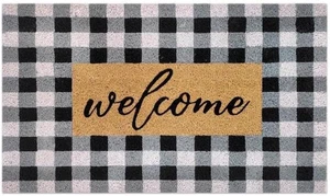 18 In. W X 30 In. L Black/White Checkers Welcome Coir Door Mat - Picture 1 of 5