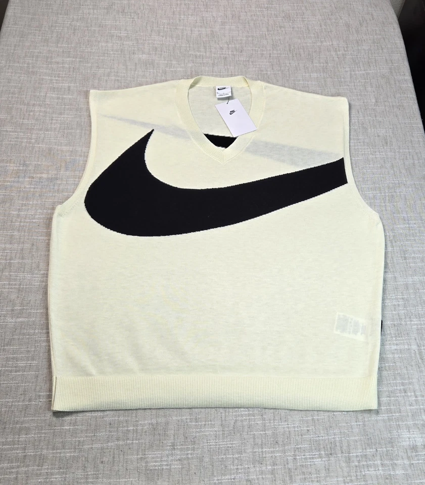 Nike Big Swoosh Sweater Vest Mens XL Coconut Milk Black Knit V-Neck FD2873-113