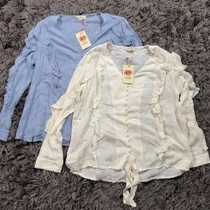 Entro Womens Medium Ruffle Swiss Dot Button Tie Front Blouse Top Lot f 2 - Picture 1 of 6