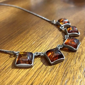 Baltic Amber Sterling Silver Station Necklace Cluster Pendant 925 Brutalist - Picture 1 of 8