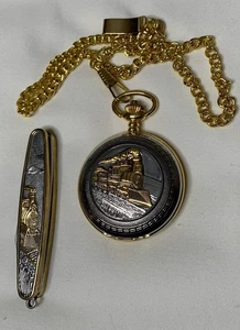 Reloj de Bolsillo y Navaja de Bolsillo Essex Motivo Tren Tonos Dorado Plata - Imagen 1 de 7