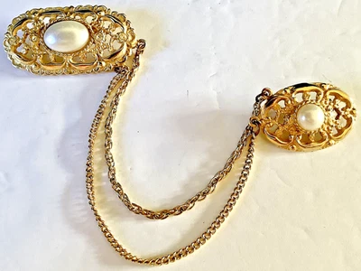 Juego de PIN de dispersión grande con 2 cadenas vintage FILAGREE y vidrio PERLA AÑOS 60 envío gratuito Foto 1 de 4