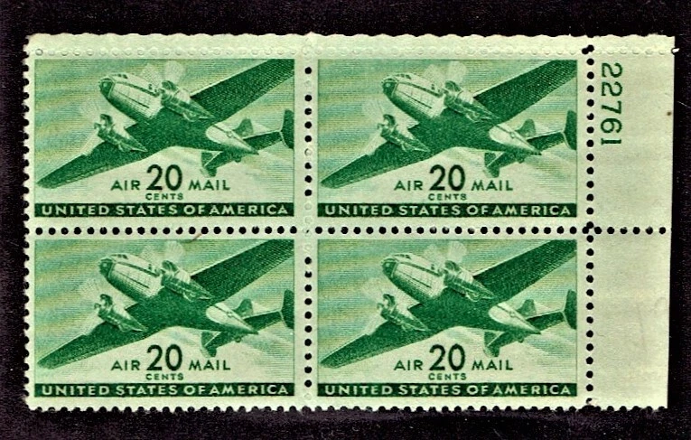 1941-4 U.S. AIRMAIL 20c "Transport" Brt Green  Plt#Blk of 4   Sc#C29 M/NH/OG + - Image 1 of 1