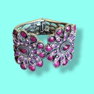 Purple And Pink Mauve Statement Clamper Bracelet Gunmetal 7.5in - Picture 1 of 8