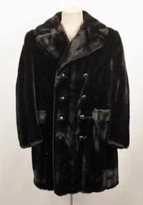 Men's VTG 60s Black Faux Fur Double Breasted Coat Sz L 1960s Fake Fur Fernando - Picture 1 of 5