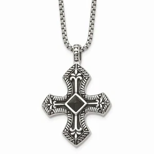 Stainless Steel Black Agate & Antiqued Cross Pendant Necklace - Picture 1 of 4