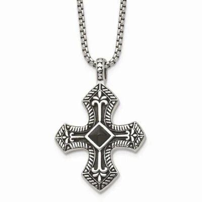 Stainless Steel Black Agate & Antiqued Cross Pendant Necklace - Image 1 of 4