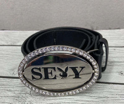 Y2K Playboy Buckle Belt Reversible Flip Buckle Rabbit  Sexy Rhinestone Sz M - Image 1 of 4