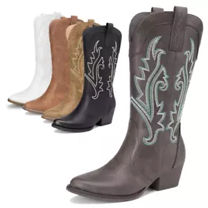 Women Western Mid Calf Boots Pointed Toe Low Heel Cowboy Cowgirls Boots - Picture 1 of 58