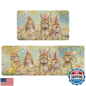 Xsinufn Easter Kitchen Rugs and Mats Set of 2,Spring Golden Garden Bunny Eggs - Picture 1 of 5
