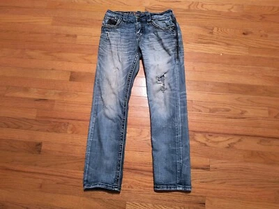 Pantalones de mezclilla Rock Revival para hombre 30x30 azul "Arkell" negro cuero ribete desgastado grunge Foto 1 de 4