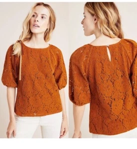Anthropologie Dolan Women's Lace Blouse Size XS Orange Brown Puff Sleeve - Picture 1 of 11