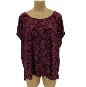 New Lane Bryant 14/16 Red Maroon Velvet Damask Short Sleeve Burnout Top Sheer - Picture 1 of 10