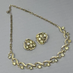 Vtg AB Rhinestone Necklace Earrings Set Gold Tone Swirl Links Clip On Stud Drop - Picture 1 of 15