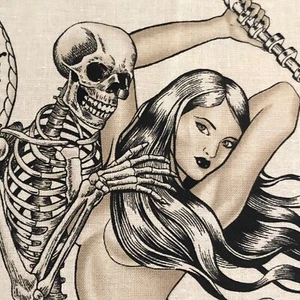 Alexander Henry Fabric Hot Rod Nightmare White Skull Snake Sexy Girls Skeletons - Picture 1 of 10
