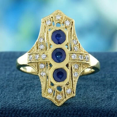 14K Yellow Gold Natural Blue Sapphire Diamond Filigree  Three Stone Ring - Image 1 of 4