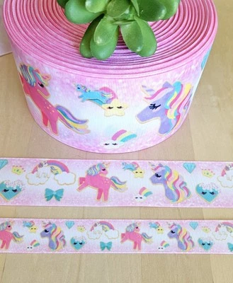 7/8, 1.5 & 3" (1 YD) Unicorn Grosgrain Ribbon Rainbows Stars Clouds - Image 1 of 3