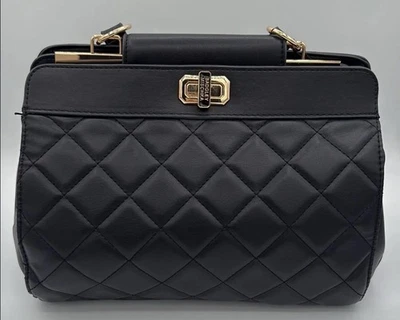 Badgley Mischka Purse Black Vegan Leather Quilted Tote Bag Medium Turn Lock - Image 1 of 4