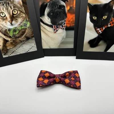 Corbatas de moño para mascotas-otoño/halloween pequeñas 3,5"x2" naranja/púrpura con soporte para fotos Foto 1 de 4