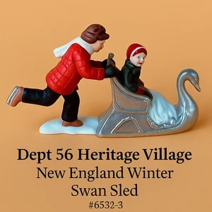 Dept 56 Porcelain Swan Sled Boys Christmas Village Figurine - Picture 1 of 6