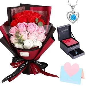 Roses Bouquet Artificial Flower - Preserved Red Rose Flowers with Love Neckla... - Picture 1 of 6