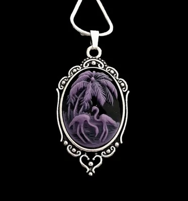 Púrpura - Rosa Flamenco Pájaros Camafeo Collar Colgante Cadena Plata de Ley 925 Foto 1 de 4