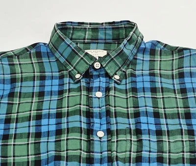 Club Monaco Slim Fit Green Black Blue White Check Linen Button Down Pocket Shirt - Image 1 of 4