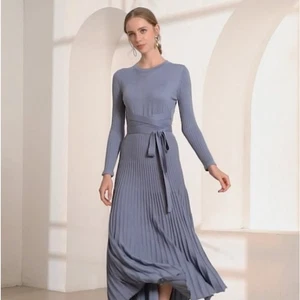 Fincati Cashmere Wool Knit Long Sleeve Pleated A-line Blue Midi Dress Size Small - Picture 1 of 15
