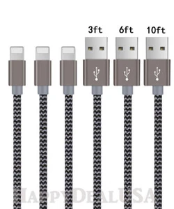 Charging Data Cable 3 Pack 3/6/10ft Charger Nylon Braided For Apple iPhone iPad - Picture 1 of 5