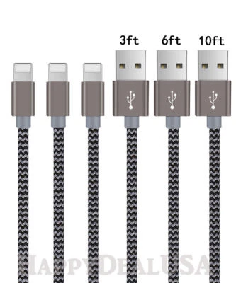 Charging Data Cable 3 Pack 3/6/10ft Charger Nylon Braided For Apple iPhone iPad - Image 1 of 4