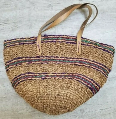 BOLSO DE HOMBRO BOLSO TOTE VINTAGE TEJIDO A MANO DE PAJA DE YUTE - Correas de cuero - Usado en excelente estado Foto 1 de 4